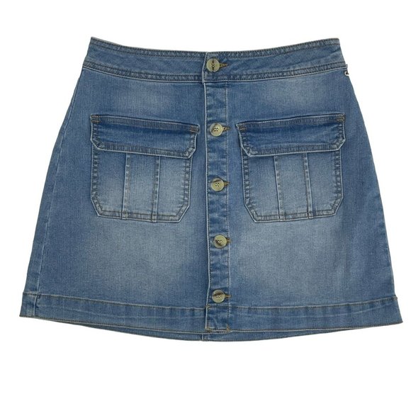 Blue Jean Denim Mini Skirt Button Front Pockets Size M Juniors Misses - Picture 2 of 10